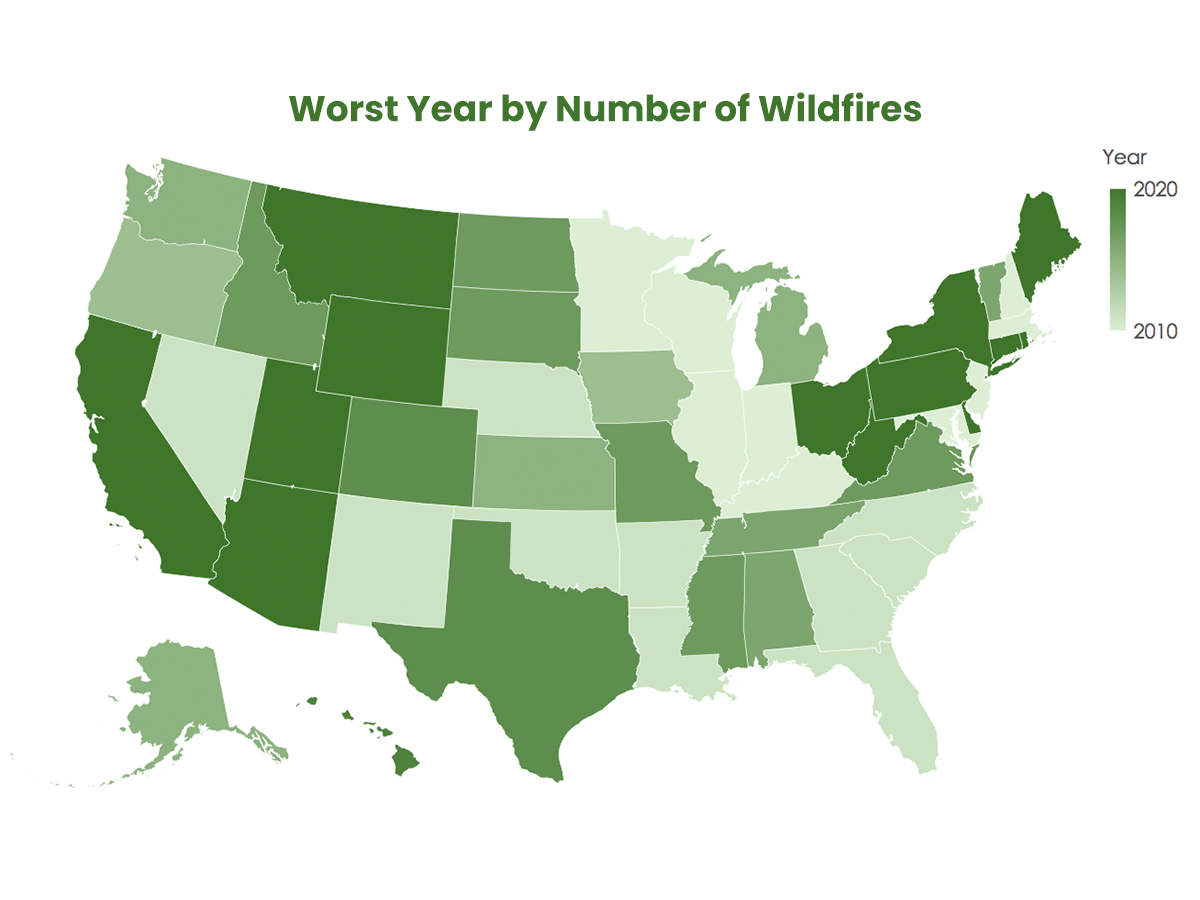 worst year for states by number of wildfires shown on map of united states