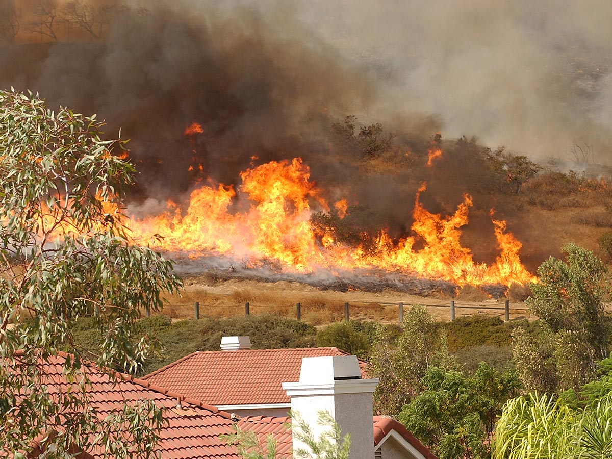 wildfire burning brush behind homes